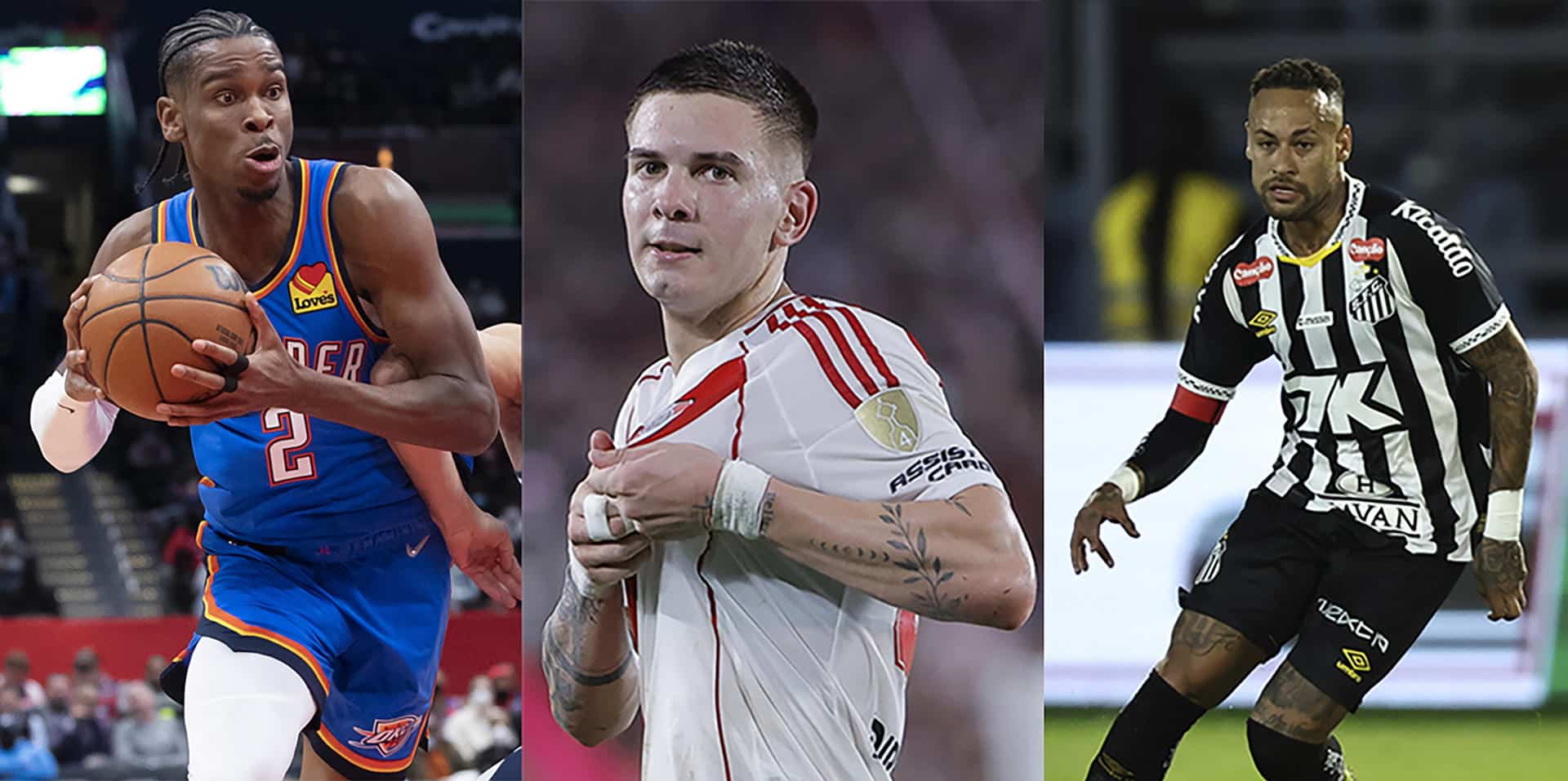 Combo de fotografías de archivo que muestra de izquierda a derecha, Shai-Gilgeous Alexander, Franco Mastantuono y Neymar. EFE/ Archivo