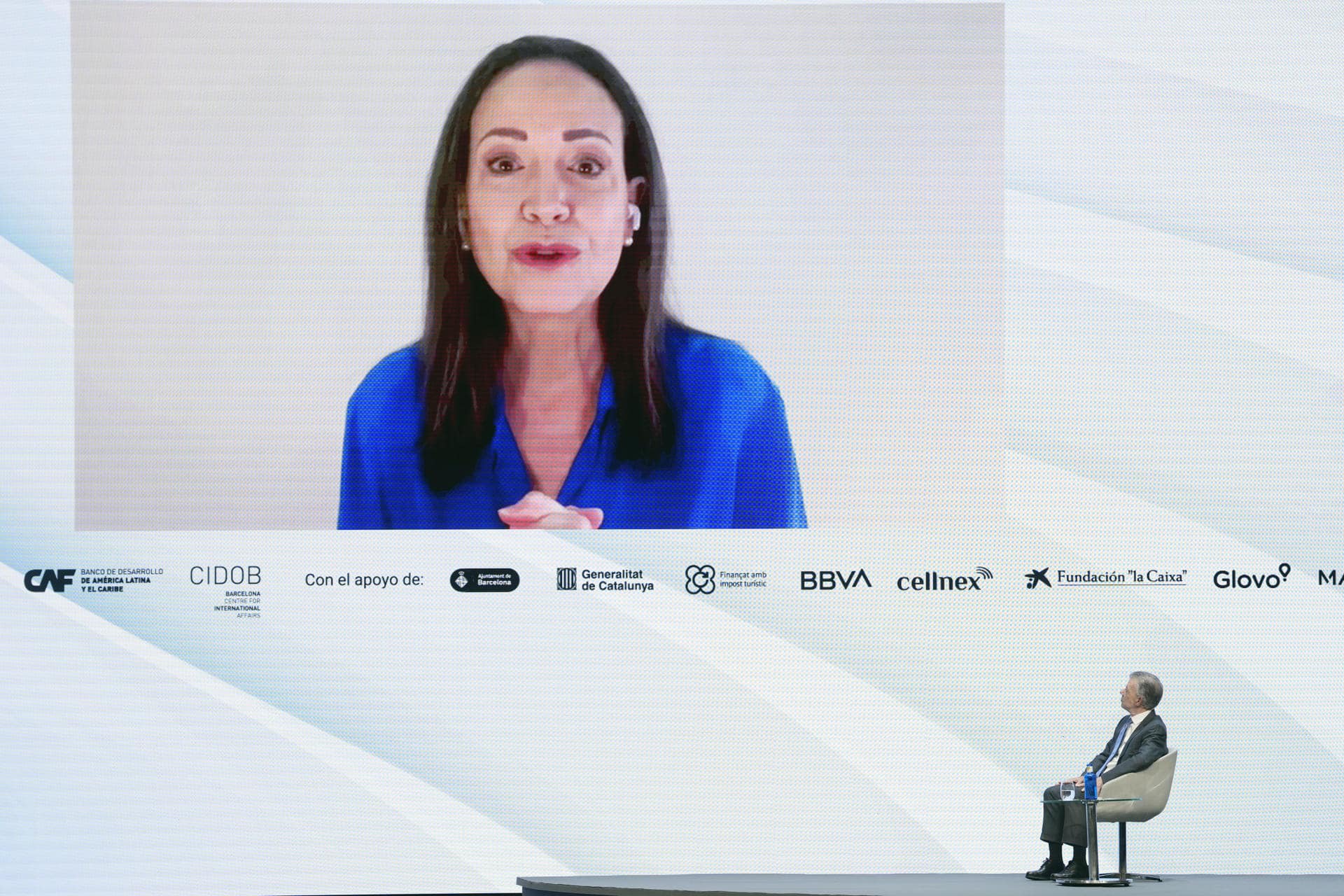 La líder opositora venezolana y Premio Nobel de la Paz María Corina Machado en una reciente intervención por vídeoconferencia. EFE/Enric Fontcuberta