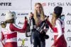 La estadounidense Lindsey Vonn, cuádruple ganadora de la Copa del Mundo de esquí alpino, festeja, en el podio -junto a las austriacas Magdalena Egger (i.) y Mirjam Puchner (d.), su victoria del pasado viernes en el descenso de esa competición disputado en la estación suiza de St. Moritz; que logró con 41 años, convirtiéndo en la ganadora de mayor edad de toda la historia del torneo. EFE/EPA/CLAUDIO THOMA
EFE/EPA/CLAUDIO THOMA