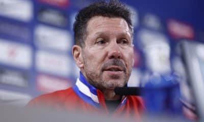 El entrenador del Atlético de Madrid, Diego Pablo Simeone, durante la rueda de prensa ofrecida en la Ciudad deportiva de Majadahonda en Madrid, este sábado, para hablar del partido liguero de mañana contra el Girona. EFE/Rodrigo Jiménez