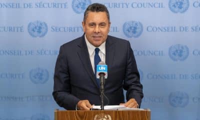 El embajador de Venezuela ante la Organización de las Naciones Unidas (ONU), Samuel Moncada, habla durante una conferencia de prensa en la sede de la ONU en Nueva York (Estados Unidos). Imagen de archivo. EFE/ Angel Colmenares