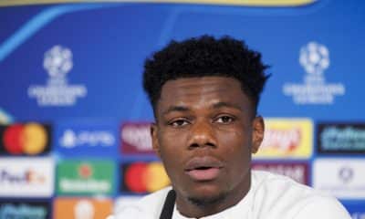 El jugador francés del Real Madrid Aurélien Tchouaméni, durante la rueda de prensa previa al partido de la jornada 6 de fase de la Liga de Campeones que disputan mañana, miércoles, contra el Manchester City. EFE/Sergio Pérez