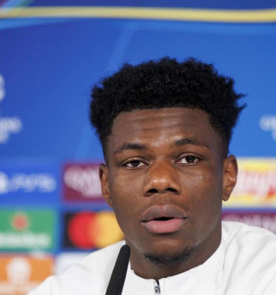 El jugador francés del Real Madrid Aurélien Tchouaméni, durante la rueda de prensa previa al partido de la jornada 6 de fase de la Liga de Campeones que disputan mañana, miércoles, contra el Manchester City. EFE/Sergio Pérez