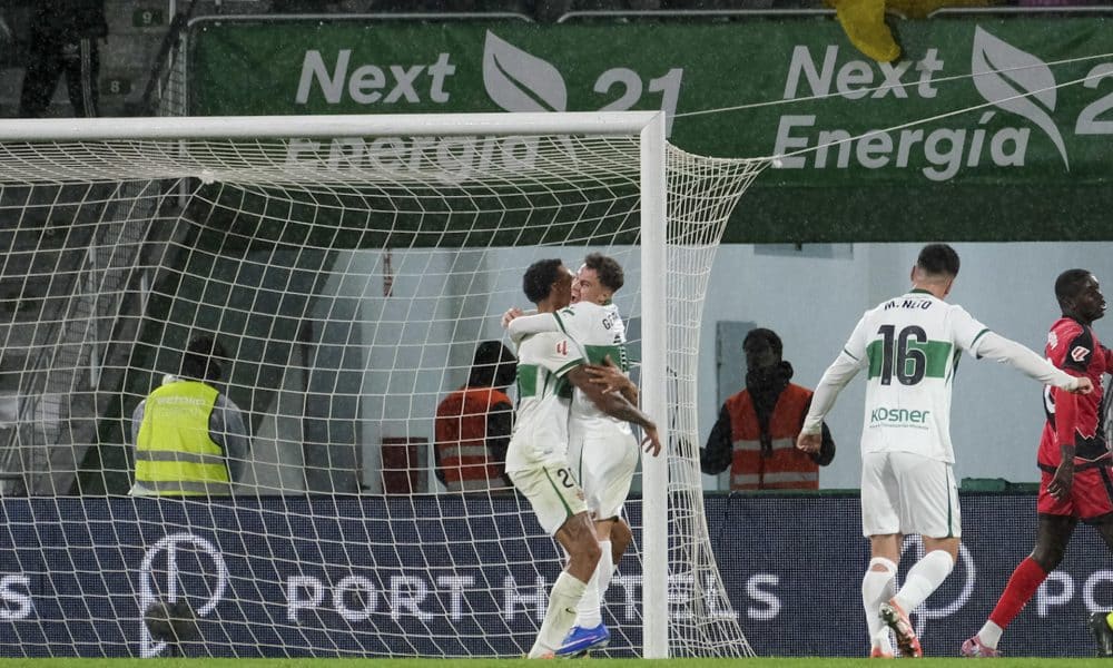 El delantero del Elche Alvaro Rodríguez (i) celebra su gol, segundo del equipo, durante el partido de la jornada 17 de LaLiga EA Sports que disputaron Elche CF y Rayo Vallecano hoy domingo en el estadio Manuel Martínez Valero. EFE/ Pablo Miranzo
