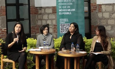 La directora de la organización México Unido Contra la Delincuencia, Lisa Sánchez (i); la antropóloga, Elena Azaola (2-i); la investigadora y académica del Colegio de México, Carolina Jasso (2-d); y la investigadora de la organización México Unido Contra la Delincuencia, Daniela Osorio participan en una rueda de prensa este martes, en Ciudad de México (México). EFE/ José Méndez