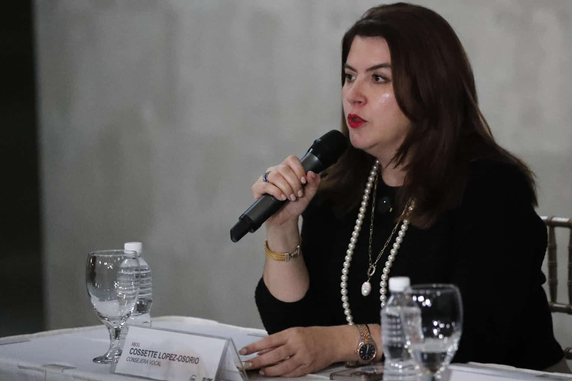 Foto de archivo de la consejera miembro del pleno del Consejo Nacional Electoral (CNE) de Honduras Cossette López-Osorio habla en una rueda de prensa el sábado 6 de diciembre de 2025, en Tegucigalpa (Honduras). EFE/ Gustavo Amador
