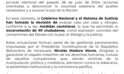 Fotografía tomada de la cuenta oficial en instagram de un comunicado oficial publicado este jueves en Caracas (Venezuela). EFE/ Ministerio para el Servicio Penitenciario de Venezuela