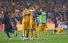 Jugadores de Tigres celebran tras clasificarse este sábado a la final del torneo Apertura mexicano al ganar este sábado el partido de vuelta de la semifinal ante Cruz Azul. EFE/ Miguel Sierra