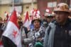 Personas con cascos de Cooperativa Minera Unificada R.L. participan durante una manifestación este lunes, en La Paz (Bolivia). EFE/ Luis Gandarillas
