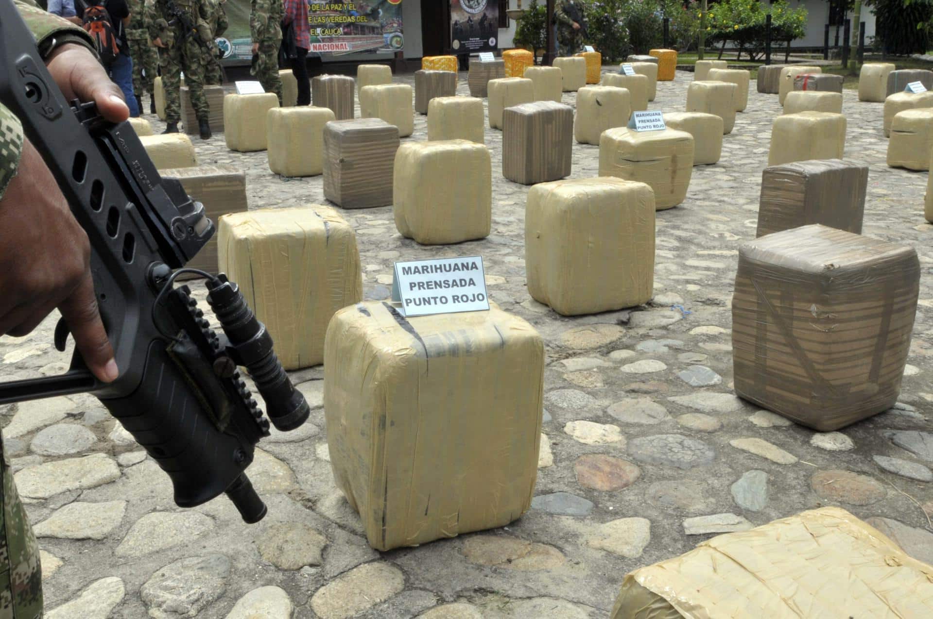 Un soldado custodia parte de la marihuana decomisada en San Juan, Puerto Rico. Imagen de archivo. EFE/CARLOS ORTEGA