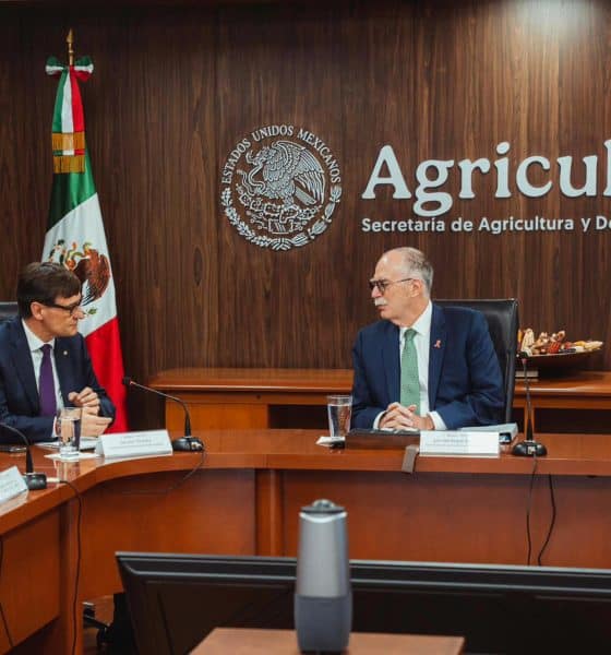 Fotografía cedida por el Gobierno de Cataluña de su presidente, Salvador Illa (i), hablando junto al titular de la Secretaría de Agricultura y Desarrollo Rural del Gobierno de México, Julio Berdegué, durante una reunión este miércoles, en Ciudad de México (México). EFE/Gobierno de Cataluña /Arnau Carbonel/SOLO USO EDITORIAL/NO VENTAS/SOLO DISPONIBLE PARA ILUSTRAR LA NOTICIA QUE ACOMPAÑA (CRÉDITO OBLIGATORIO)