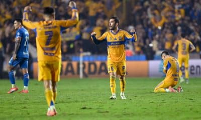Jugadores de Tigres celebran tras ganar este sábado el partido de vuelta de la semifinal del torneo Apertura 2025 de la Liga MX frente al Cruz Azul en el estadio Universitario de San Nicolás de Los Garza. EFE/ Miguel Sierra