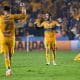 Jugadores de Tigres celebran tras ganar este sábado el partido de vuelta de la semifinal del torneo Apertura 2025 de la Liga MX frente al Cruz Azul en el estadio Universitario de San Nicolás de Los Garza. EFE/ Miguel Sierra