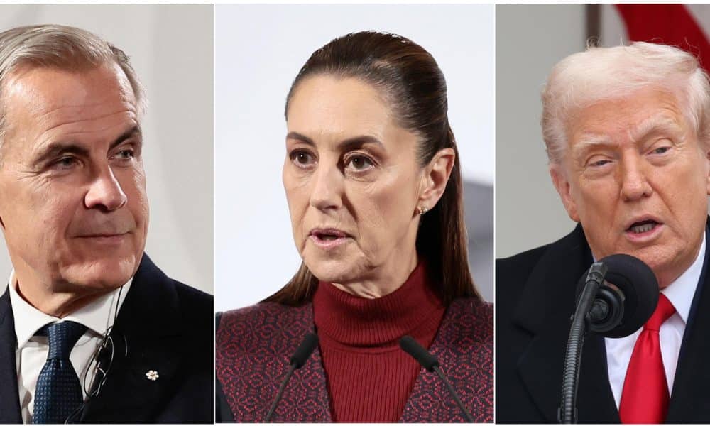 Combo de fotografías que muestra al primer ministro de Canadá, Mark Carney (i); la presidenta de México, Claudia Sheinbaum (c), y al presidente de Estados Unidos, Donald Trump. Trum, Sheinbaum y Carney se verán el viernes en Washington, durante el sorteo del Mundial 2026, en una primera toma de contacto previa a la revisión del T-MEC, cuyo futuro es incierto debido a los cuestionamientos del mandatario republicano. EFE/ José Méndez/ Octavio Guzmán