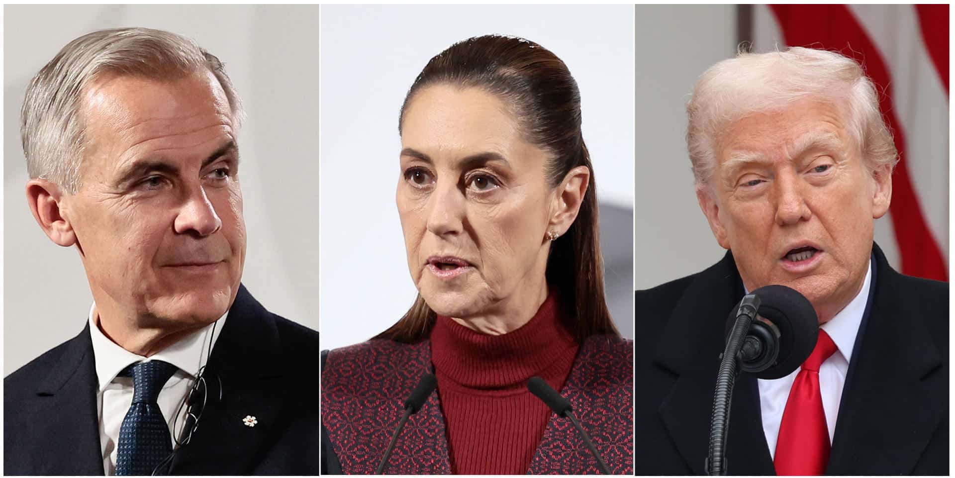Combo de fotografías que muestra al primer ministro de Canadá, Mark Carney (i); la presidenta de México, Claudia Sheinbaum (c), y al presidente de Estados Unidos, Donald Trump. Trum, Sheinbaum y Carney se verán el viernes en Washington, durante el sorteo del Mundial 2026, en una primera toma de contacto previa a la revisión del T-MEC, cuyo futuro es incierto debido a los cuestionamientos del mandatario republicano. EFE/ José Méndez/ Octavio Guzmán