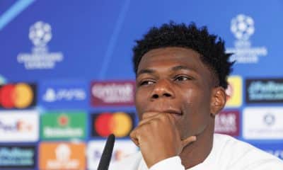 El jugador francés del Real Madrid Aurélien Tchouaméni, durante la rueda de prensa previa al partido de la jornada 6 de fase de la Liga de Campeones que disputan mañana, miércoles, contra el Manchester City. EFE/Sergio Pérez