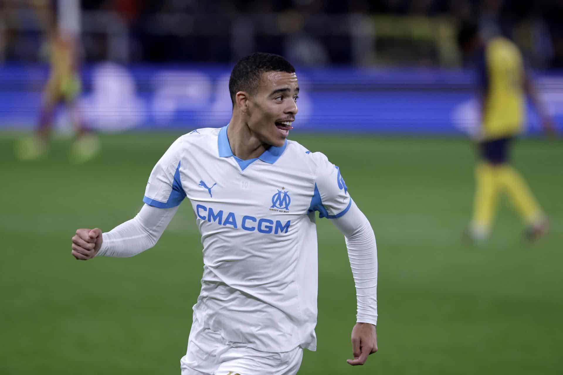 El jugador del Marsella Mason Greenwood celebra el 1-2 ante el Royale Union Saint-Gilloise en la sexta jornada de la Liga de Campeones. EFE/EPA/OLIVIER MATTHYS
