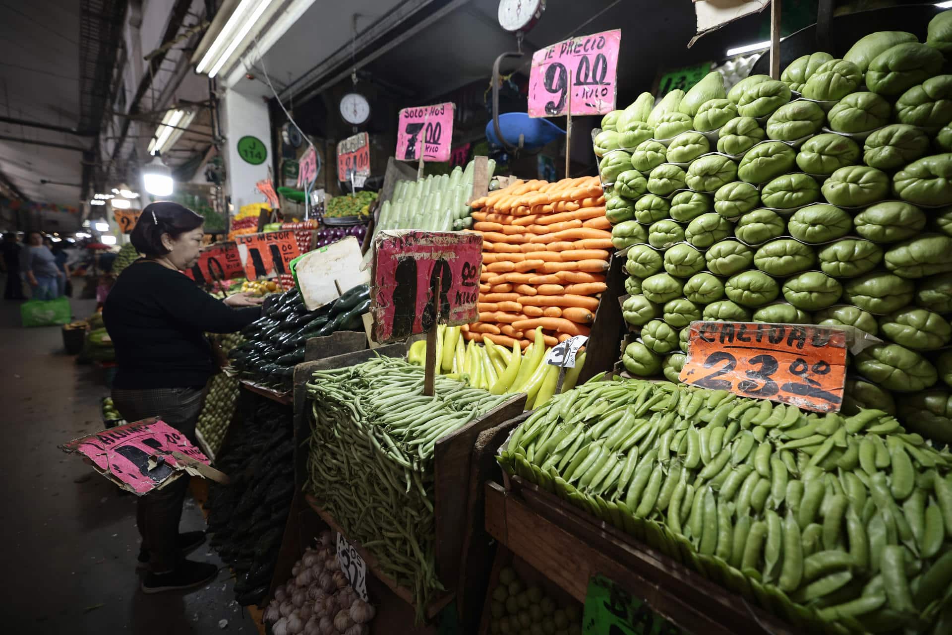 Fotografía de archivo del 8 de enero de 2025 de una mujer comprando productos en la Central de Abasto de la Ciudad de México (México). EFE/ José Méndez