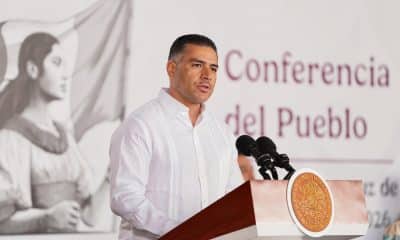 Fotografía cedida por la presidencia de México que muestra al secretario de Seguridad y Protección Ciudadana (SSPC), Omar García Harfuch, hablando en una rueda de prensa este viernes, en Veracruz (México). EFE/ Presidencia de México /SOLO USO EDITORIAL/NO VENTAS/SOLO DISPONIBLE PARA ILUSTRAR LA NOTICIA QUE ACOMPAÑA (CRÉDITO OBLIGATORIO)