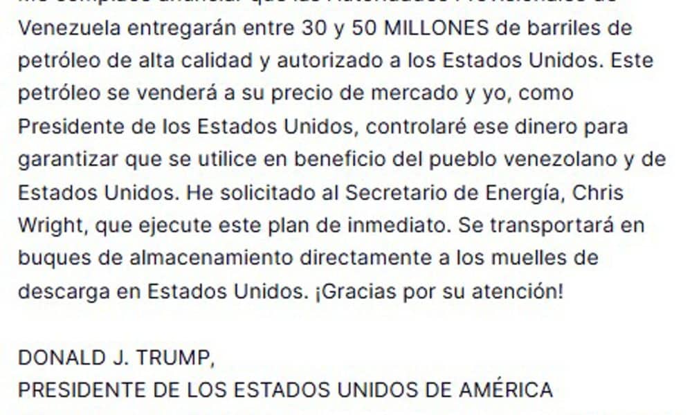 Captura de una publicación en la cuenta en Truth Social @realDonaldTrump del presidente de Estados Unidos, Donald Trump. EFE/ @realDonaldTrump