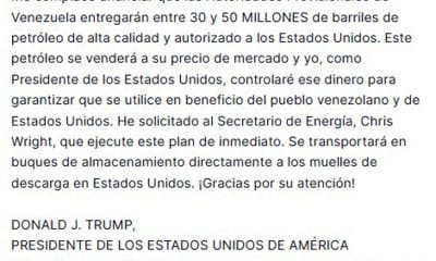 Captura de una publicación en la cuenta en Truth Social @realDonaldTrump del presidente de Estados Unidos, Donald Trump. EFE/ @realDonaldTrump