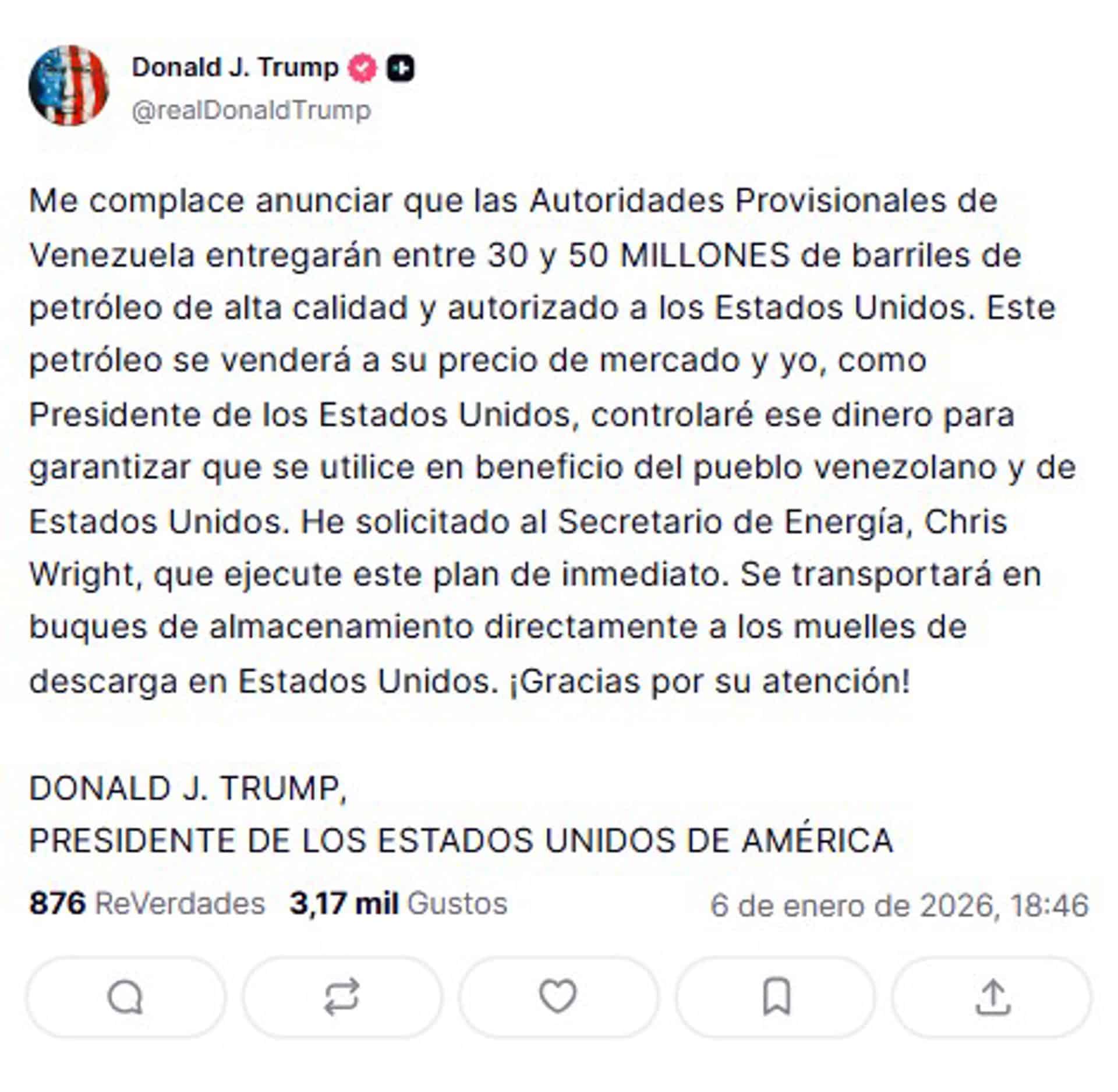 Captura de una publicación en la cuenta en Truth Social @realDonaldTrump del presidente de Estados Unidos, Donald Trump. EFE/ @realDonaldTrump