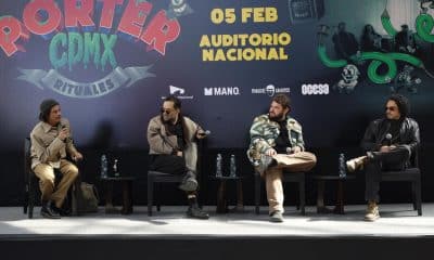 Los integrantes de la agrupación mexicana de rock Porter, Diego Rangel (i), Víctor Valverde (2-i), David Velasco (2-d) y Fer de la Huerta participan en una rueda de prensa este miércoles, en Ciudad de México (México). EFE/ Sáshenka Gutiérrez