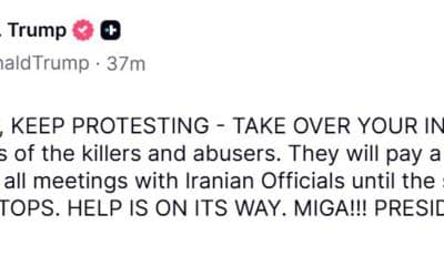 El presidente estadounidense, Donald Trump, anunció este martes la cancelación del diálogo con las autoridades de Irán hasta que "cesen los asesinatos" en las protestas que sacuden al país y aseguró a los manifestantes que la "ayuda está en camino". EFE/ Truth Social - SOLO USO EDITORIAL/SOLO DISPONIBLE PARA ILUSTRAR LA NOTICIA QUE ACOMPAÑA (CRÉDITO OBLIGATORIO) -
