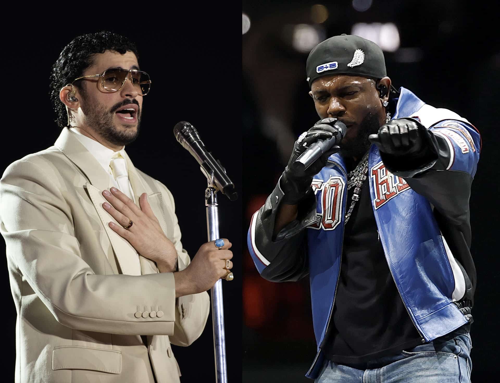 Combo de fotografías de archivo de los cantantes Bad Bunny (i) y Kendrick Lamar, dos figuras recurrentes en la escena musical mundial, que buscarán en la 68° edición de los premios Grammy seguir la estela triunfal que Beyoncé demarcó el año pasado y conseguir sus propios récords que grabarían sus nombres en la historia del rap y el género urbano, respectivamente. EFE/ Orlando Barría / Erik S. Lesser