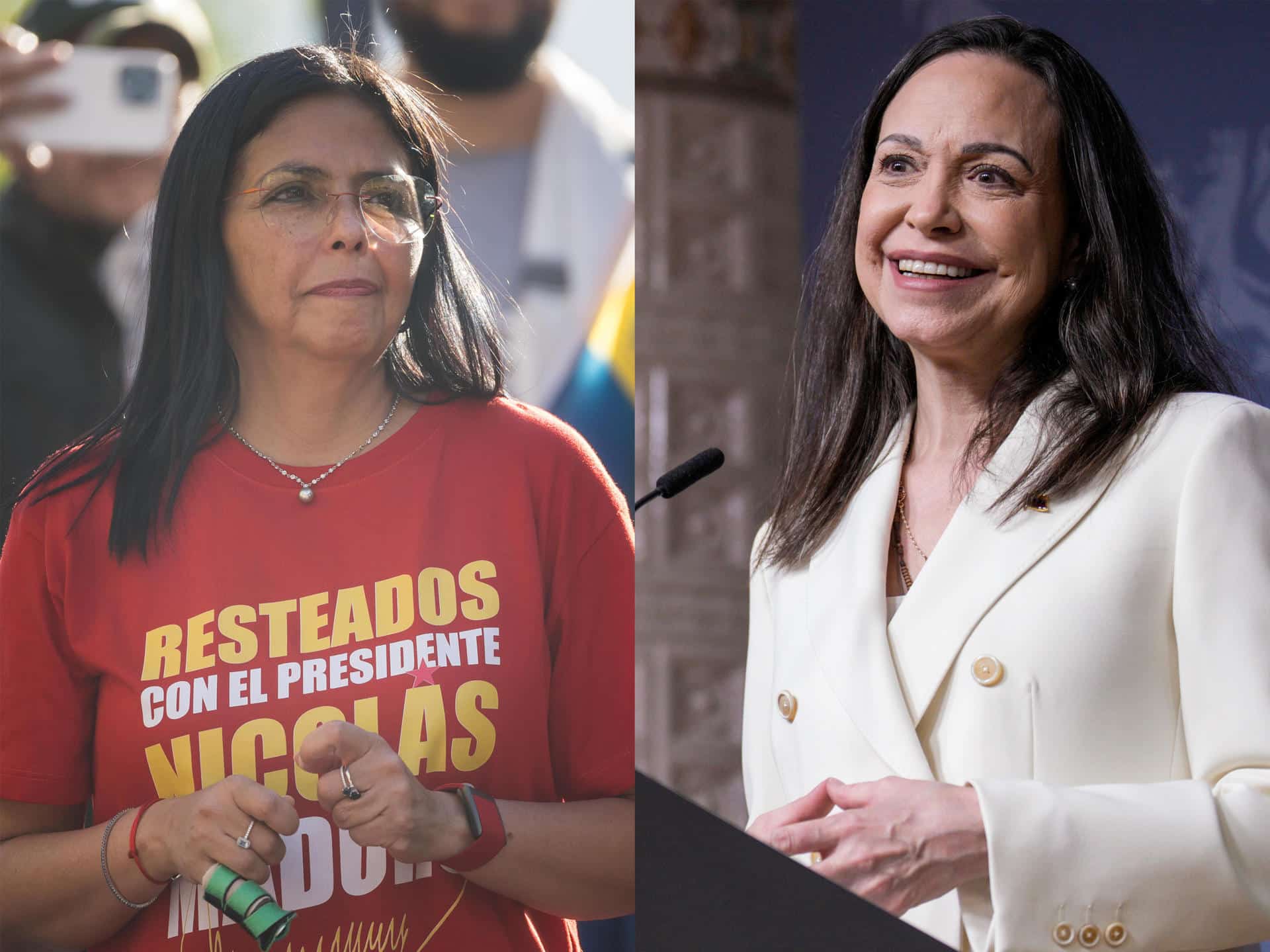 Combo de fotografías de archivo que muestran a la vicepresidenta ejecutiva de Venezuela, Delcy Rodriguez (i), y a la líder opositora venezolana María Corina Machado. EFE/ Miguel Gutiérrez/ Stian Lysberg Solum