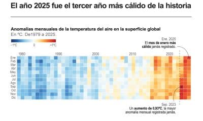 El año 2025 fue el tercero más cálido registrado jamás, si bien desde 2023 es la primera vez que en un periodo de tres años las temperaturas mundiales superan de media 1,5 °C en comparación con el nivel preindustrial, el umbral fijado en el Acuerdo de París para limitar el calentamiento global a largo plazo. EFE