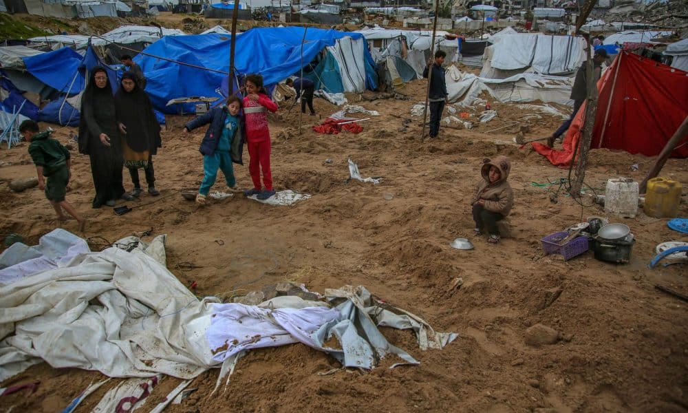 Familias palestinas desplazadas inspeccionan sus tiendas destruidas en el norte de la Ciudad de Gaza, en una imagen del 9 de enero de 2026. EFE/EPA/MOHAMMED SABER