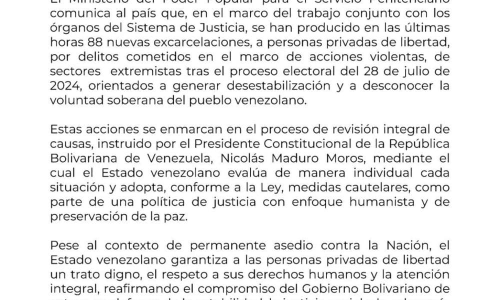 Fotografía tomada de la cuenta oficial en instagram @minserviciopenitenciario_ve del Ministerio para el Servicio Penitenciario de Venezuela de un comunicado oficial publicado este jueves, en Caracas (Venezuela). EFE/ @minserviciopenitenciario_ve