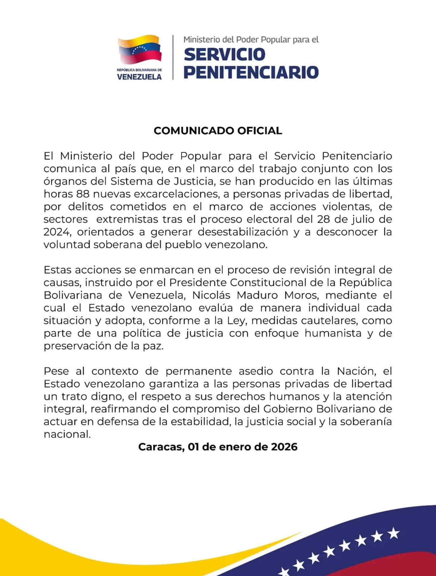 Fotografía tomada de la cuenta oficial en instagram @minserviciopenitenciario_ve del Ministerio para el Servicio Penitenciario de Venezuela de un comunicado oficial publicado este jueves, en Caracas (Venezuela). EFE/ @minserviciopenitenciario_ve