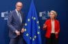 El canciller federal alemán Friedrich Merz (L) es recibido por la presidenta de la Comisión Europea Ursula von der Leyen para una reunión bilateral antes de una reunión informal de los miembros del Consejo Europeo en Bruselas, Bélgica, 22 de enero de 2026. Los líderes de la UE celebrarán una cumbre informal de emergencia para abordar una escalada en las tensiones transatlánticas con respecto a Groenlandia y nuevas amenazas comerciales de EE.UU. (Bélgica, Groenlandia, Bruselas) EFE/EPA/OLIVIER HOSLET

