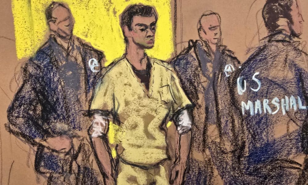 Fotografía de un dibujo realizado por la artista Jane Rosenberg que ilustra a Luigi Mangione (2-i) rodeado por agentes de los Marshals de Estados Unidos a su llegada este viernes, al tribunal federal de Manhattan en Nueva York (Estados Unidos). EFE/ Jane Rosenberg