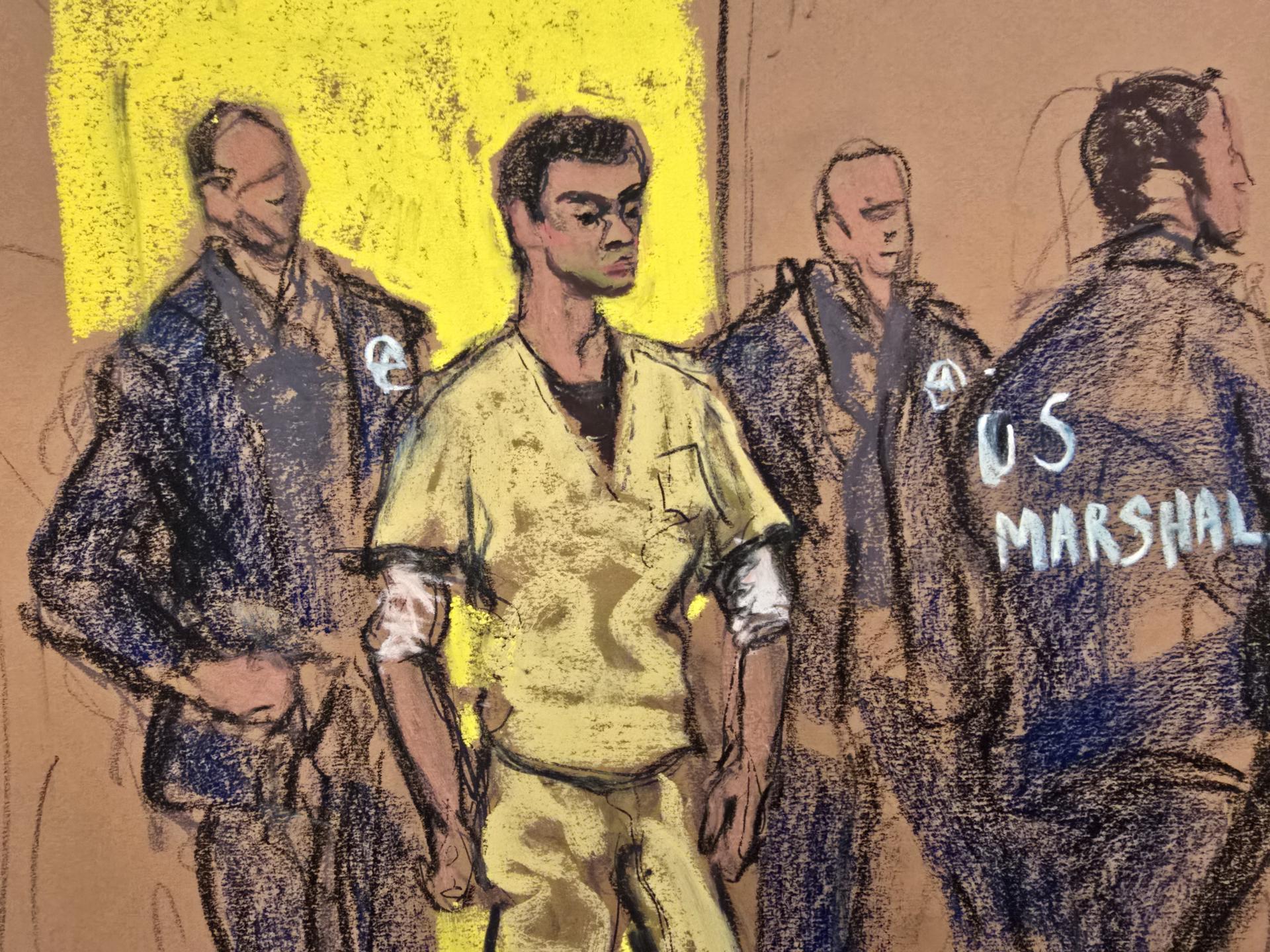 Fotografía de un dibujo realizado por la artista Jane Rosenberg que ilustra a Luigi Mangione (2-i) rodeado por agentes de los Marshals de Estados Unidos a su llegada este viernes, al tribunal federal de Manhattan en Nueva York (Estados Unidos). EFE/ Jane Rosenberg