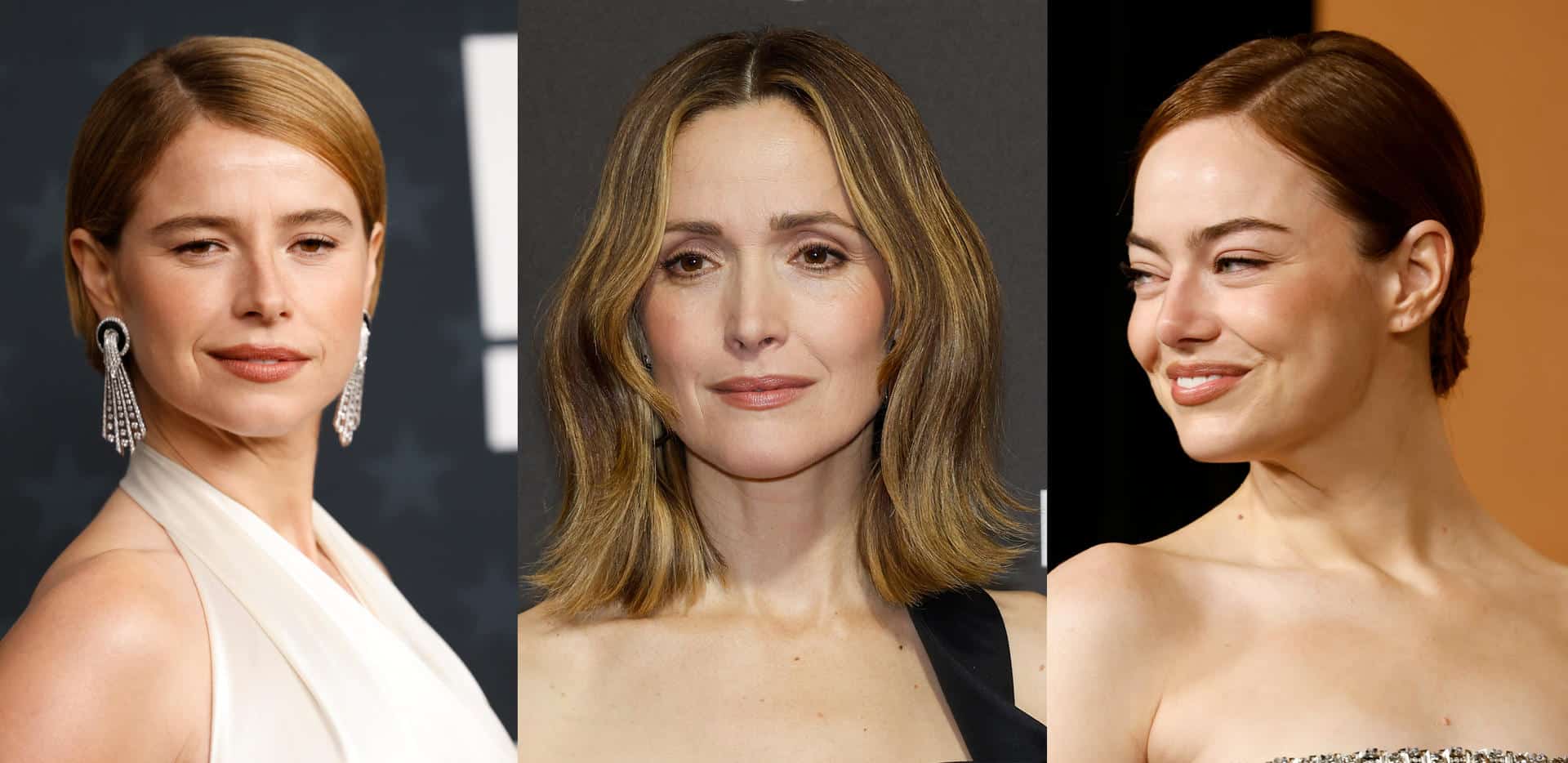 Combo de fotografías que muestra a las actrices Jessie Buckley (i), Rose Byrne (c), y Emma Stone. EFE/ Jill Connelly/ Nina Prommer/ Caroline Brehman