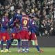 Los jugadores del Barcelona celebran el segundo gol del equipo en el partido de octavos de final de Copa del Rey que Racing de Santander y FC Barcelona disputaron en El Sardinero, en la capital cántabra. EFE/Pedro Puente Hoyos