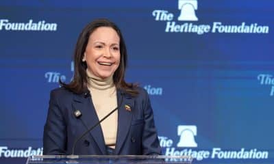 La líder opositora venezolana y Premio Nobel de la Paz, María Corina Machado, habla en una rueda de prensa este viernes, en Washington (Estados Unidos). EFE/ Octavio Guzmán