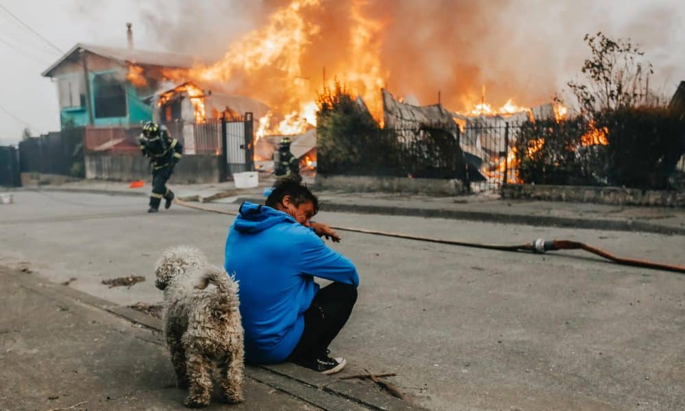 Un hombre observa casas afectadas por incendios forestales este domingo, en Penco (Chile). EFE/ Pablo Hidalgo