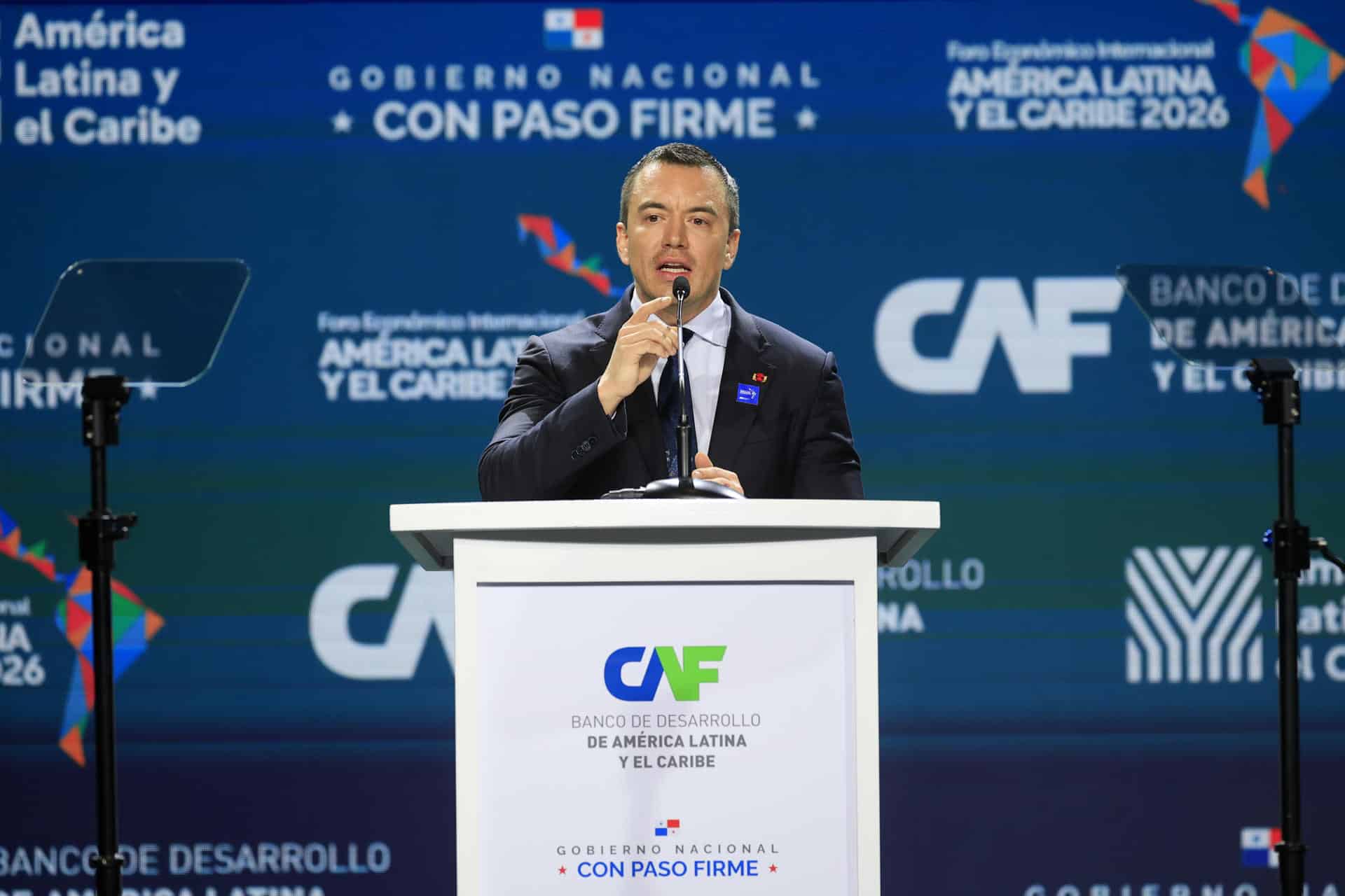 El presidente de Ecuador, Daniel Noboa, habla durante el Foro Económico Internacional América Latina y el Caribe 2026 este miércoles, en Ciudad de Panamá (Panamá). EFE/ Bienvenido Velasco