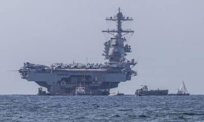 Fotografía de archivo del 3 de octubre de 2025 del portaviones nuclear estadounidense USS Gerald R. Ford en Palma (España). EFE/ Cati Cladera
