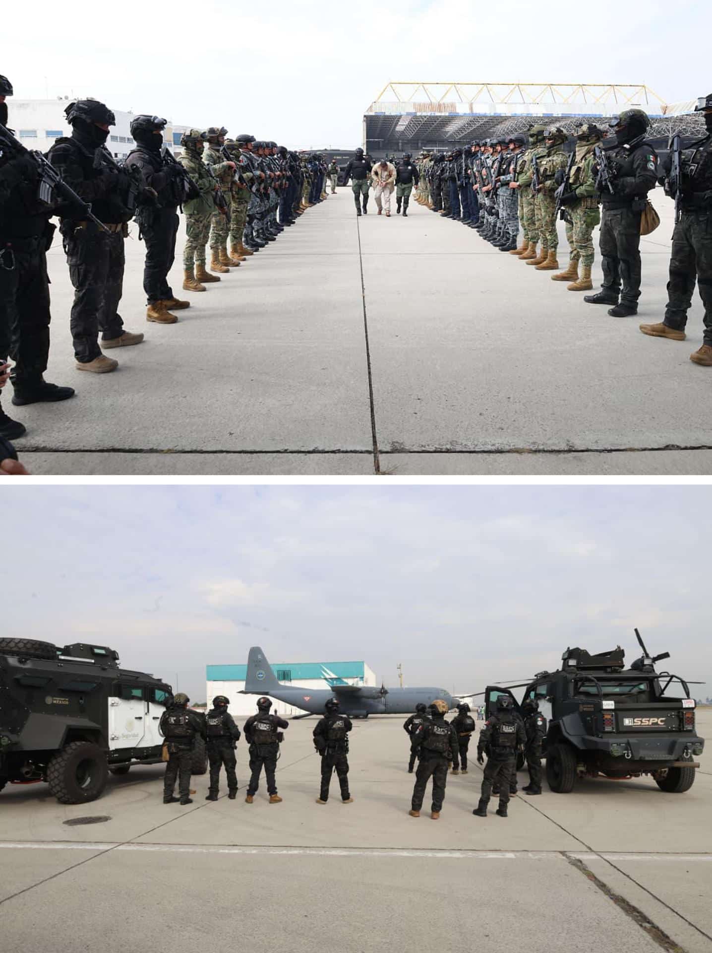 Combo de fotografías cedidas por la Secretaria de Seguridad y Protección Ciudadana, que muestra el operativo del traslado de 37 presos desde la Ciudad de México (México). EFE/ Secretaria de Seguridad y Protección Ciudadana