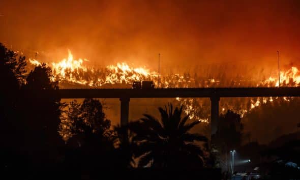 Fotografía del incendio forestal en la madrugada del domingo, en Penco (Chile). EFE/ Pablo Hidalgo