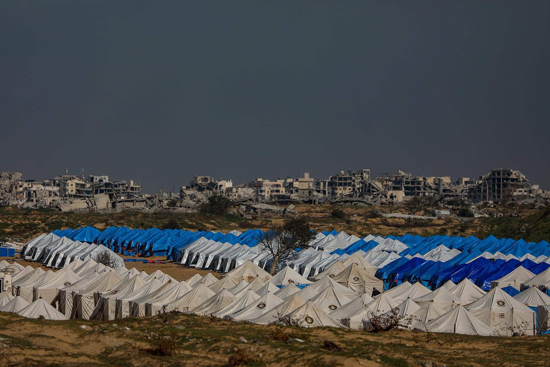 Palestinos preparan un campamento para albergar a familias palestinas desplazadas en la zona de Netzarim, ubicada entre la parte sur de la ciudad de Gaza y la franja central de Gaza, el 17 de enero de 2026, en medio de un alto el fuego entre Israel y Hamás. Alrededor de 1.9 millones de personas en Gaza, casi el 90 por ciento de la población, han sido desplazadas desde que comenzó el conflicto entre Israel y Hamás en octubre de 2023, según la ONU. EFE/EPA/MOHAMMED SABER
