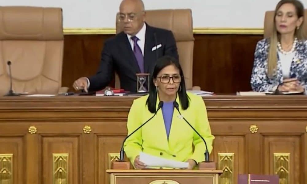 Captura de video de una transmisión del canal estatal Venezolana de Televisión (VTV) de la presidenta encargada de Venezuela, Delcy Rodríguez, hable en la presentación de un informe a la nación este jueves, en Caracas (Venezuela). EFE/ VTV