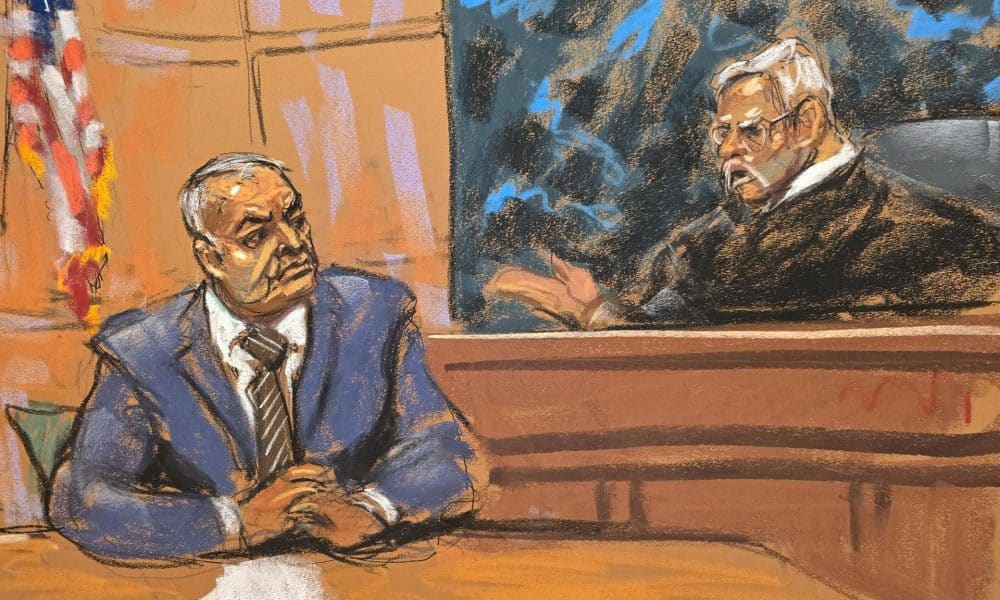 Reproducción fotográfica de un dibujo realizado por la artista Jane Rosenberg del exsecretario de Seguridad Pública mexicano, Genaro García Luna, durante un juicio en el Tribunal Federal de Brooklyn en Nueva York (EE. UU). Imagen de archivo. EFE/Jane Rosenberg
