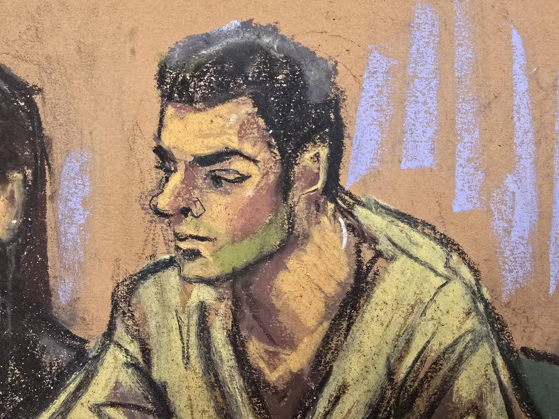 Fotografía de un dibujo realizado por la artista Jane Rosenberg donde aparece el acusado Luigi Mangione en un juzgado, en Nueva York. EFE/ Jane Rosenberg