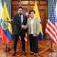 Fotografía cedida por el Ministerio de Relaciones Exteriores de Ecuador que muestra al subsecretario de Guerra para Asuntos del Hemisferio Occidental del Departamento de Guerra de Estados Unidos, Joseph M. Humire (i), y la ministra de Relaciones Exteriores y Movilidad Humana de Ecuador, Gabriela Sommerfeld, durante la visita del funcionario estadounidense al Palacio de Najas en Quito (Ecuador). EFE/Ministerio de Relaciones Exteriores de Ecuador